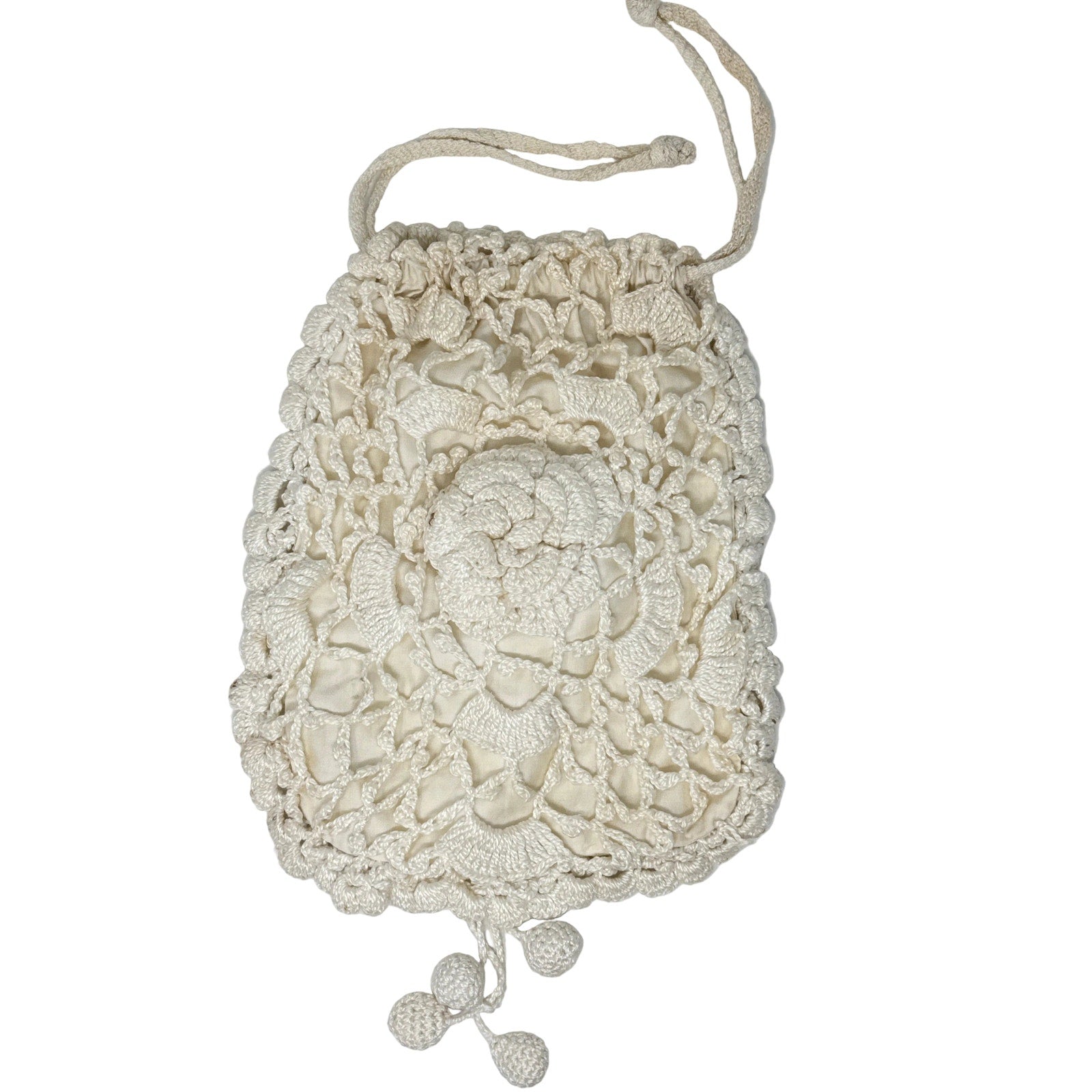 Vintage 60s White Crochet Drawstring Purse Rose Motif Pom Details