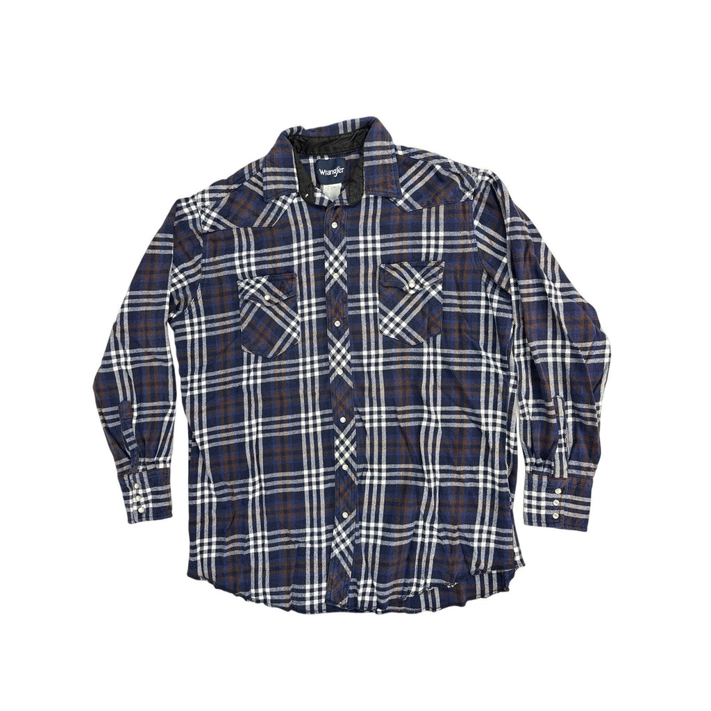 Vintage 90s Wrangler Men’s Navy Plaid Cotton Flannel Pearl Snap Western Shirt L