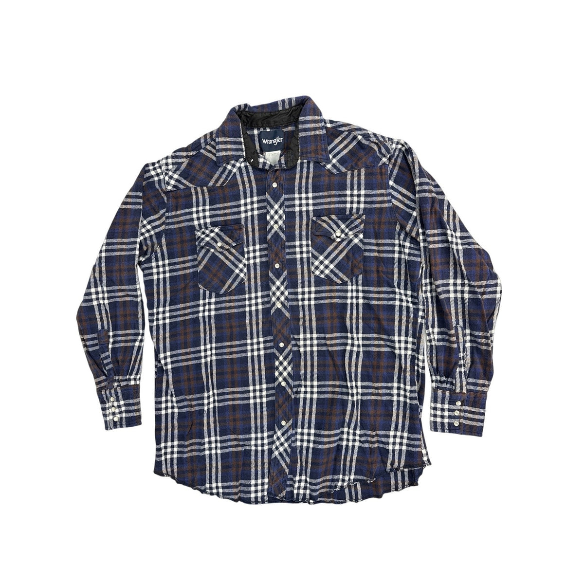 Vintage 90s Wrangler Men’s Navy Plaid Cotton Flannel Pearl Snap Western Shirt L