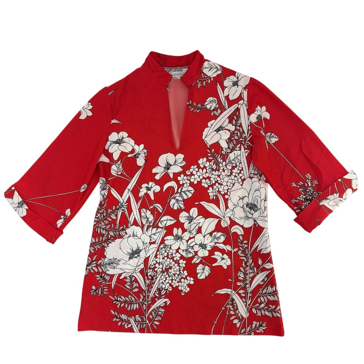 Vintage 80s Teddi Red White Floral Tricot Knit Tunic Top Women's S/M