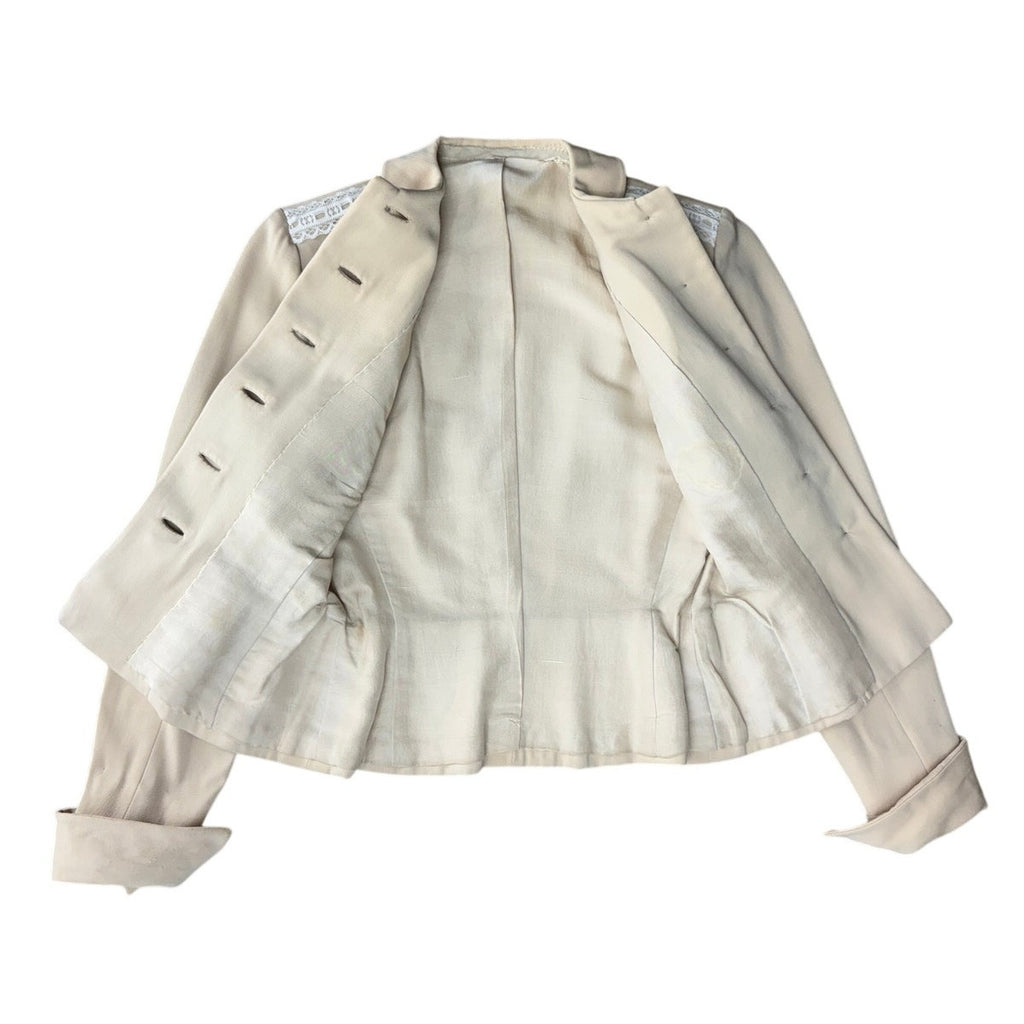 Vintage 40s Beige Wool Blazer Jacket Embroidered Detail Women's XS