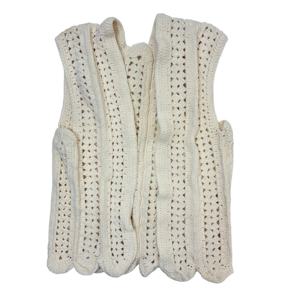 Vintage 70s Hand Crochet Cream Acrylic Boho Open Front Sweater Vest
