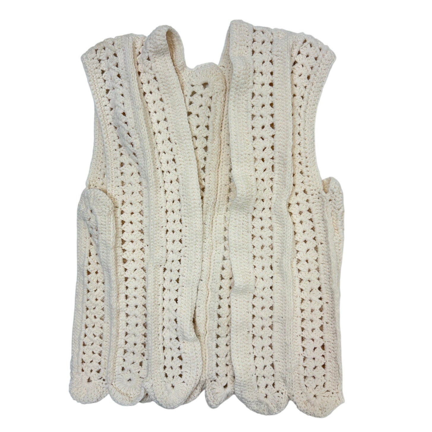 Vintage 70s Hand Crochet Cream Acrylic Boho Open Front Sweater Vest