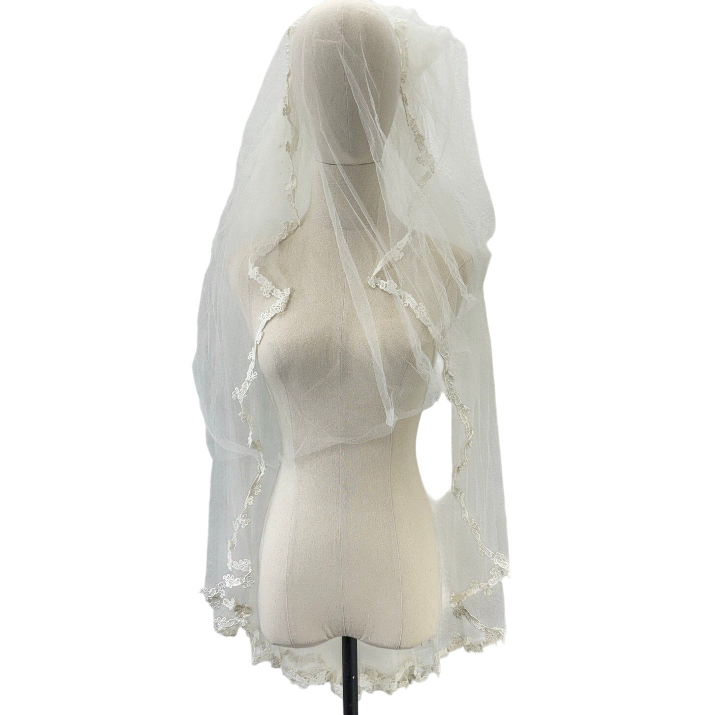 Vintage 70s Bridal Veil Pearl Lace Wedding Headpiece Double Layer