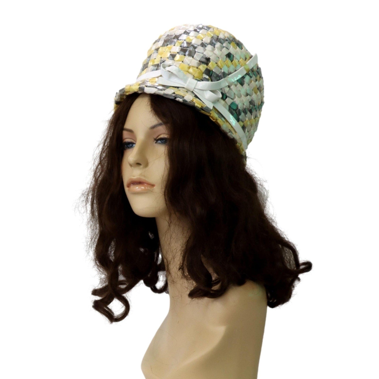 Vintage 1960s Mr John Classic Raffia Bucket Hat Yellow Gray White 7.5
