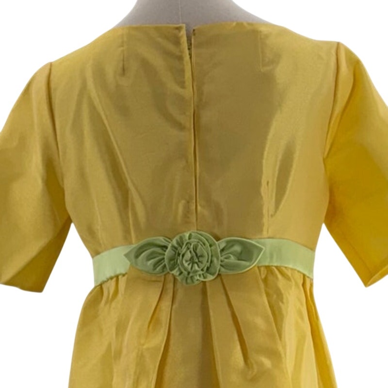 Vintage 60s Women's Small Yellow Chiffon Empire Waist Prom Dress Mint Ribbon