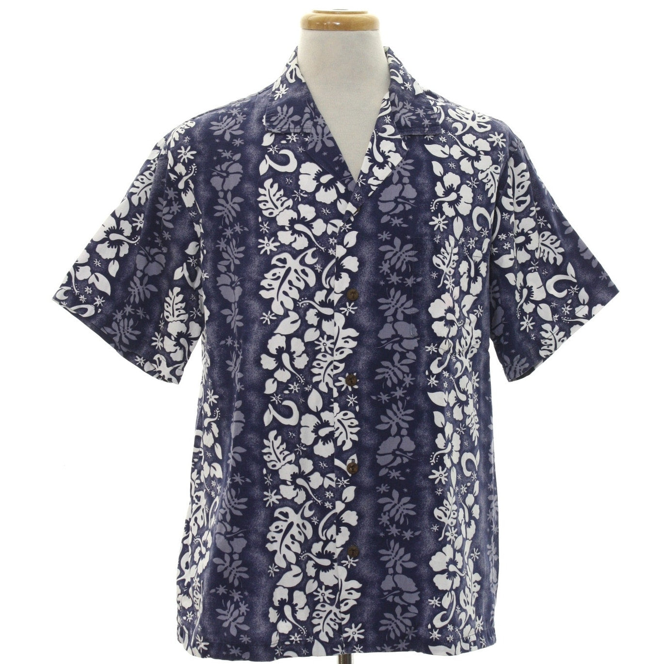 Vintage 80s Mens Large Navy White Floral Hawaiian Aloha Shirt 44 Chest
