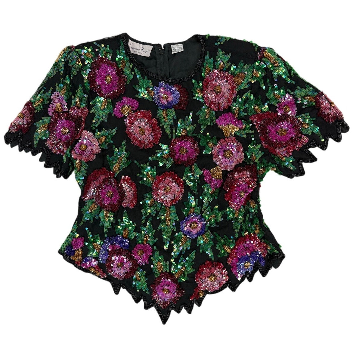 Vintage 80s Laurence Kazar PXL Silk Beaded Sequin Floral Evening Blouse