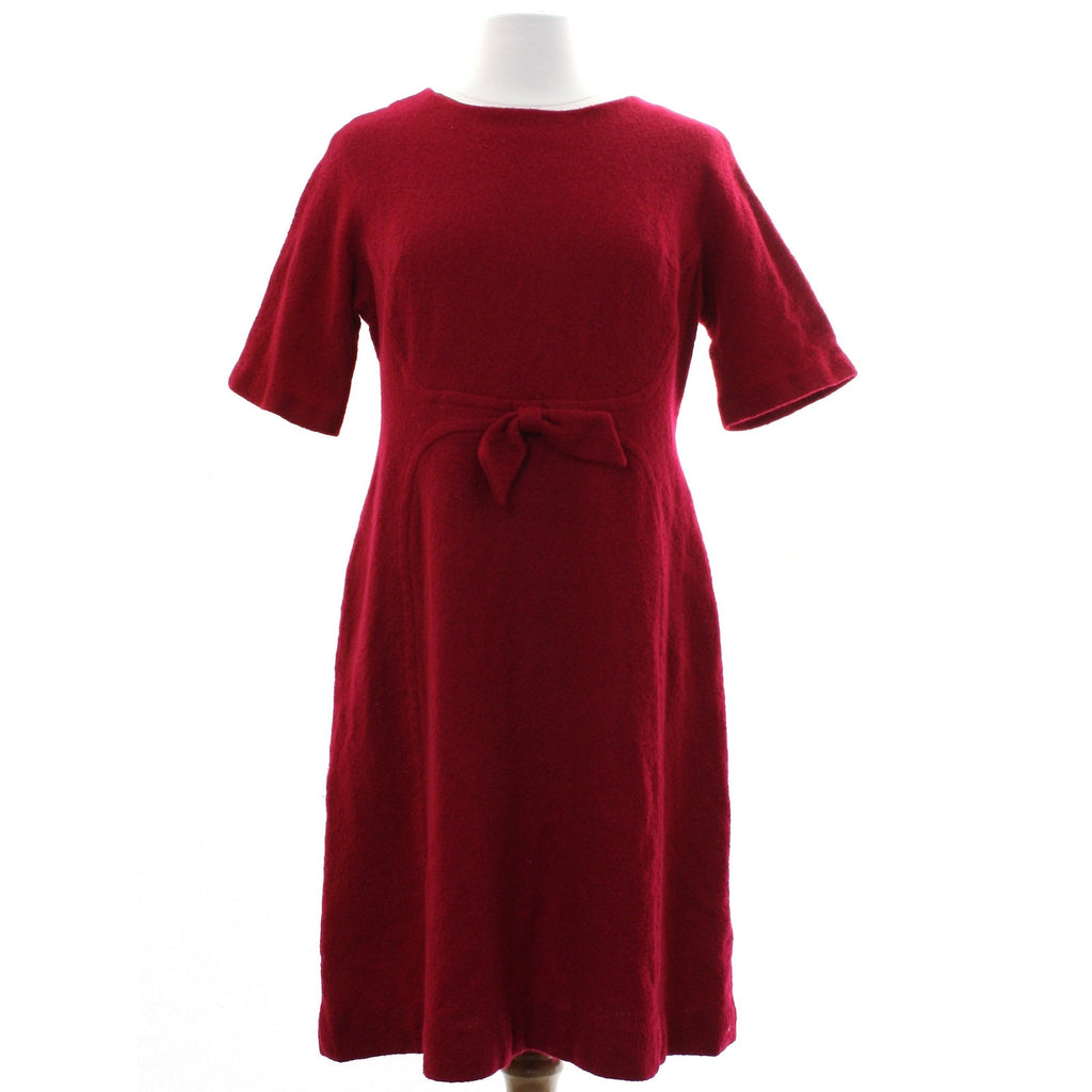 Vintage 60s Berkshire Wine Red Boucle Knit A-Line Dress Bow Accent Womens Medium