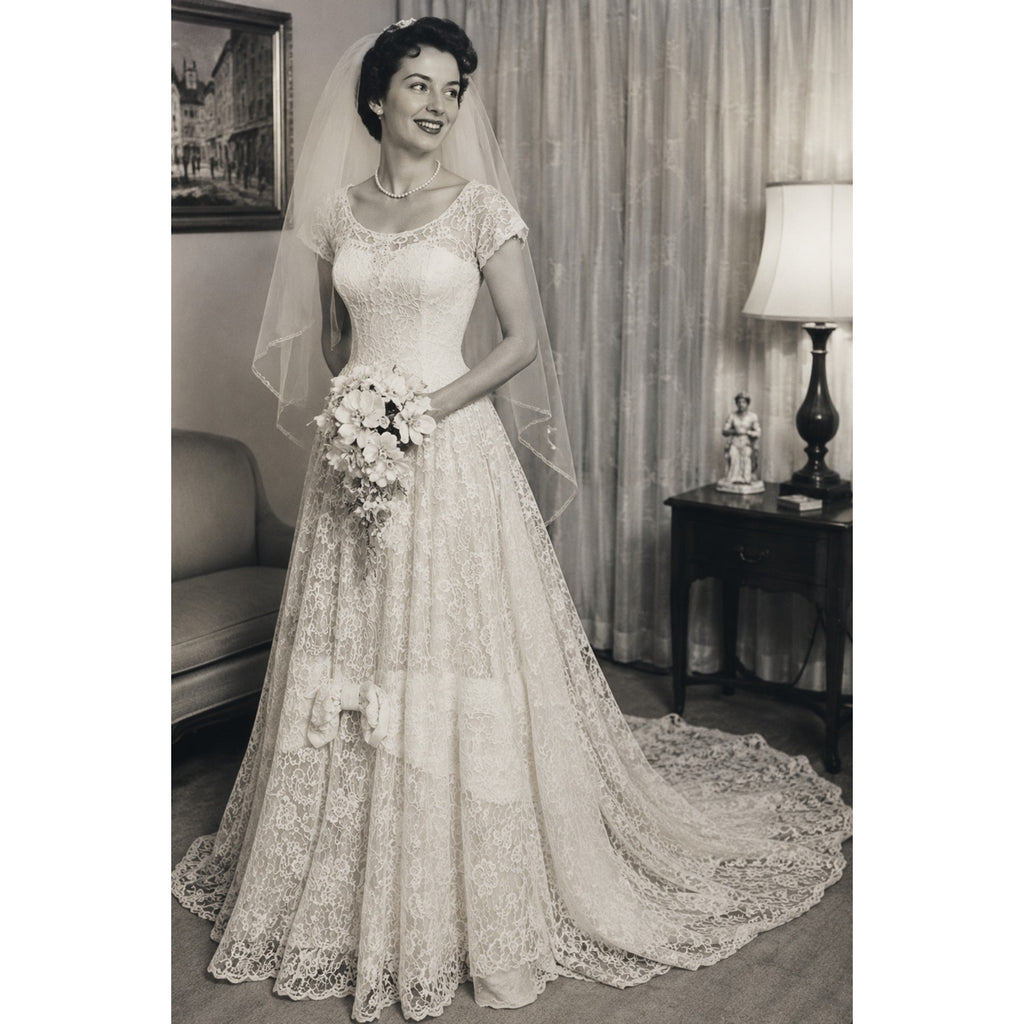 Vintage 1950s Lace Wedding Dress Train Off White Cap Sleeve Bridal Gown XS