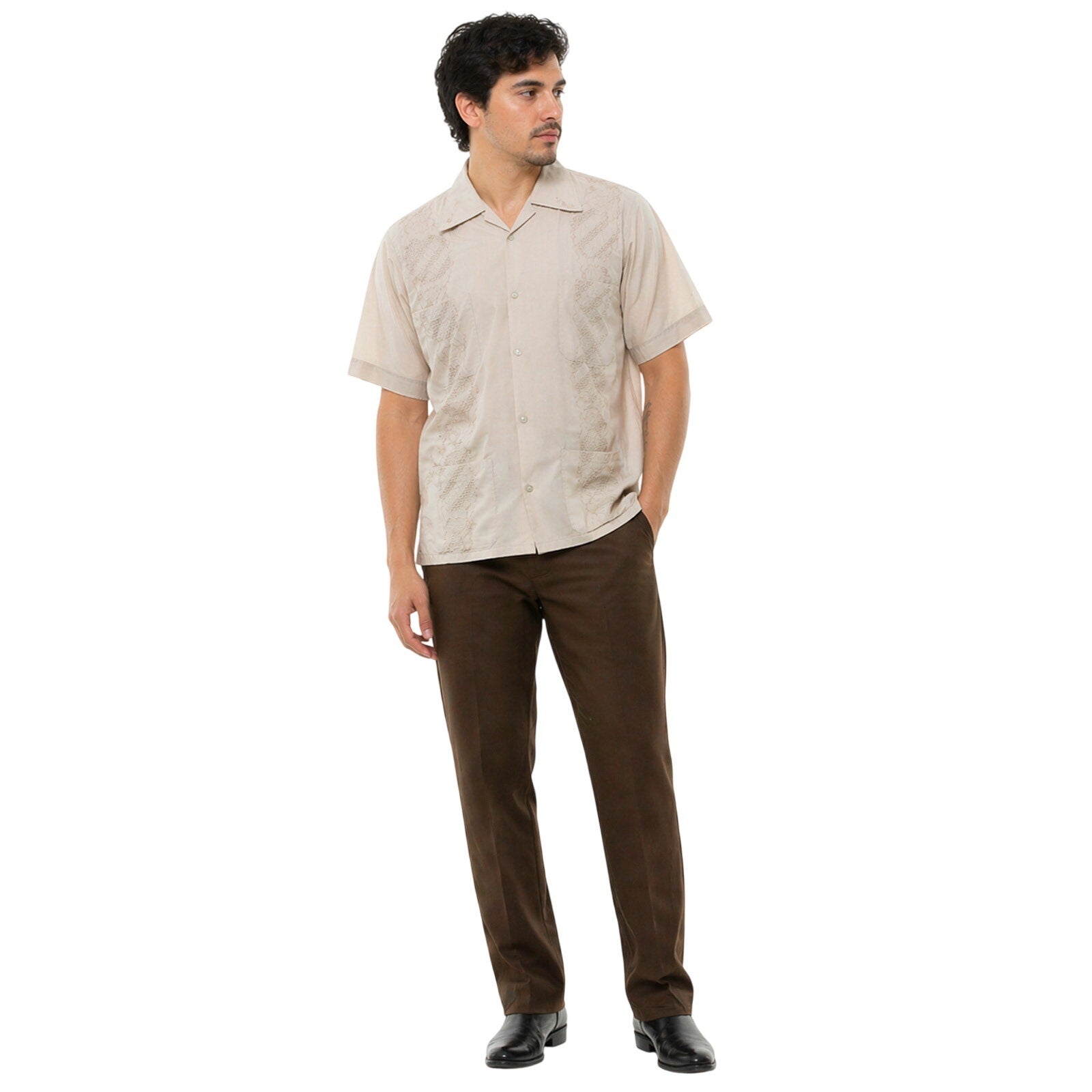 Vintage 70s Calez Taupe Guayabera Shirt Embroidered 4 Pocket Men's Small