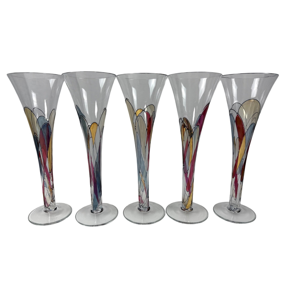 Vintage 90s Multicolor Stained 10" Glass Champagne Flutes Set of 5