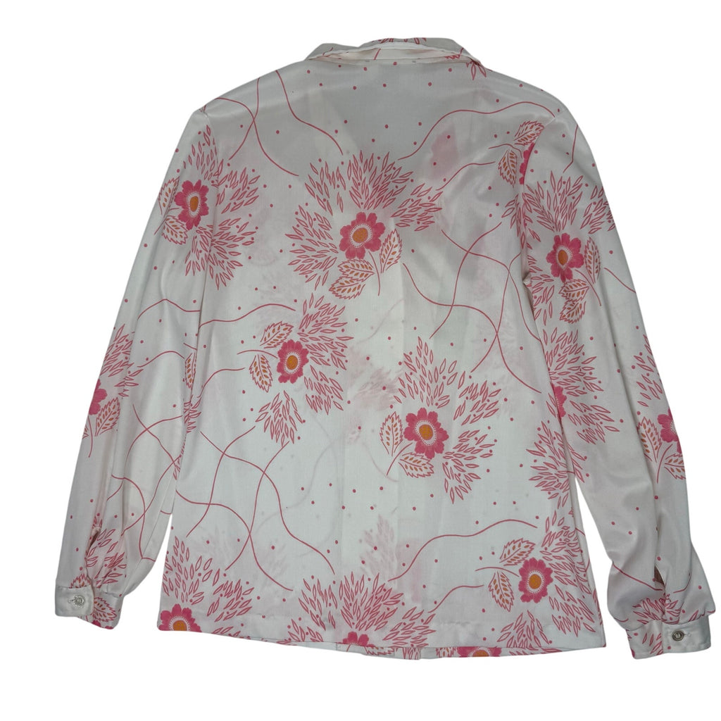 Vintage 70s Devon Pink Floral Button Front Blouse Long Sleeve Women’s S/M