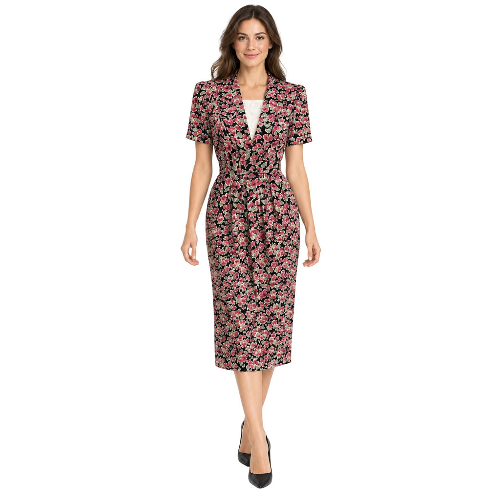 Vintage 80s Karin Stevens Pink Floral Rayon Belted Midi Sheath Dress Medium
