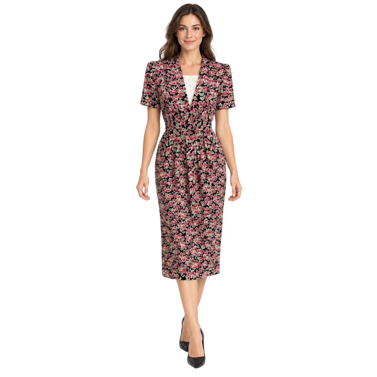 Vintage 80s Karin Stevens Pink Floral Rayon Belted Midi Sheath Dress Medium