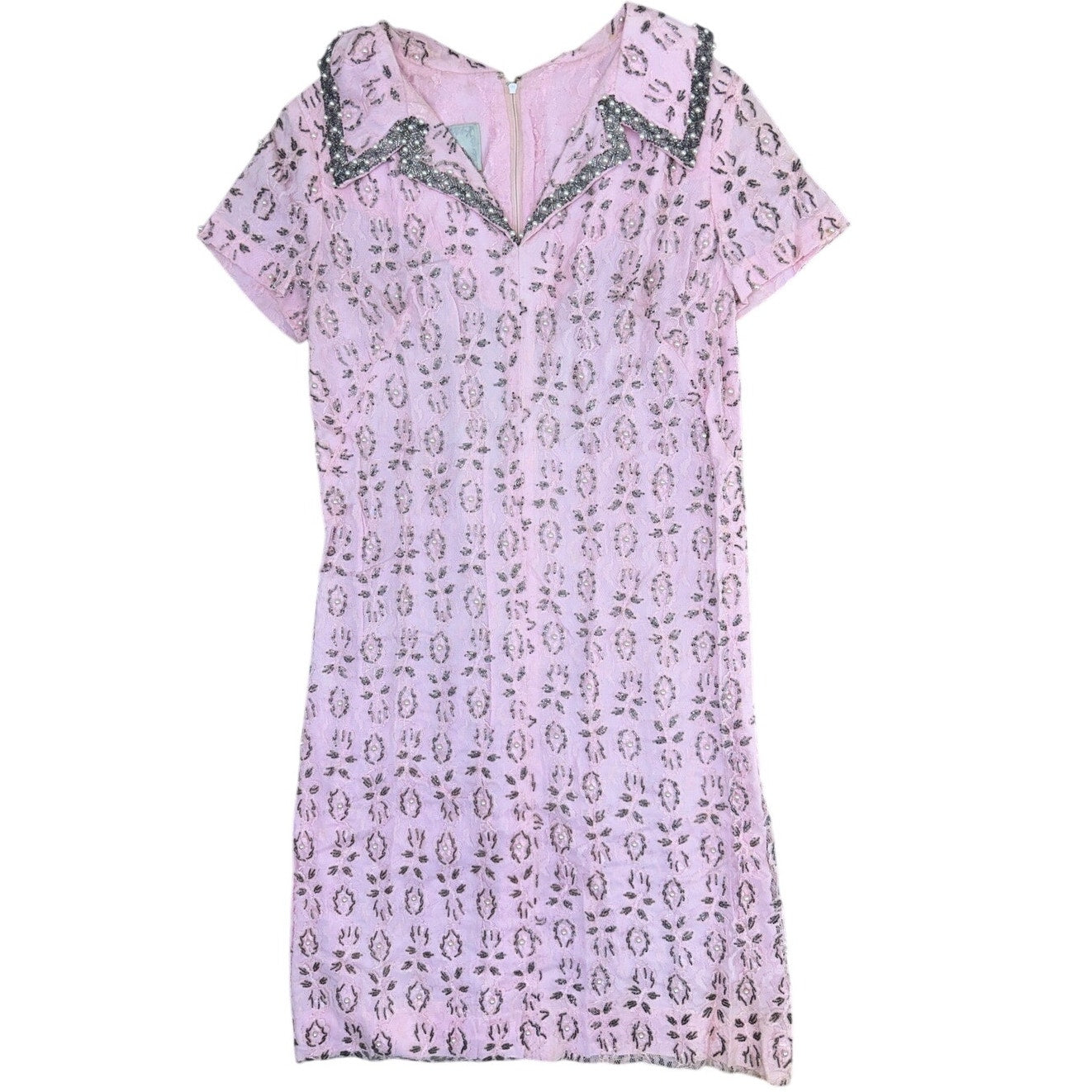 Vintage 70s Andora Hong Kong Pink Beaded Lace Sheath Dress Size 12