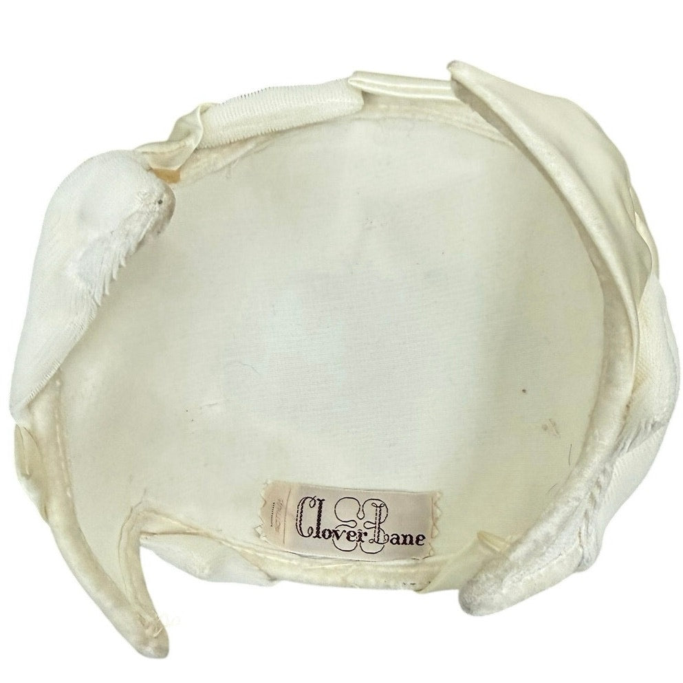 Vintage 1950s Clover Lane White Satin Velveteen Bow Cap Hat