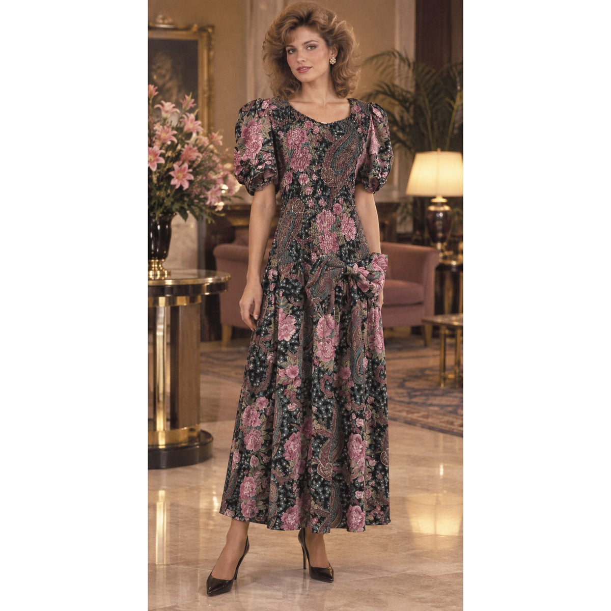 Vintage 80s ACT I New York Black Floral Drop Waist Midi Dress Women's 9/10