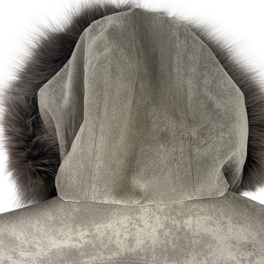 St John's Bay Faux Suede Hooded Jacket Fur Trim Women's Small Taupe Brown