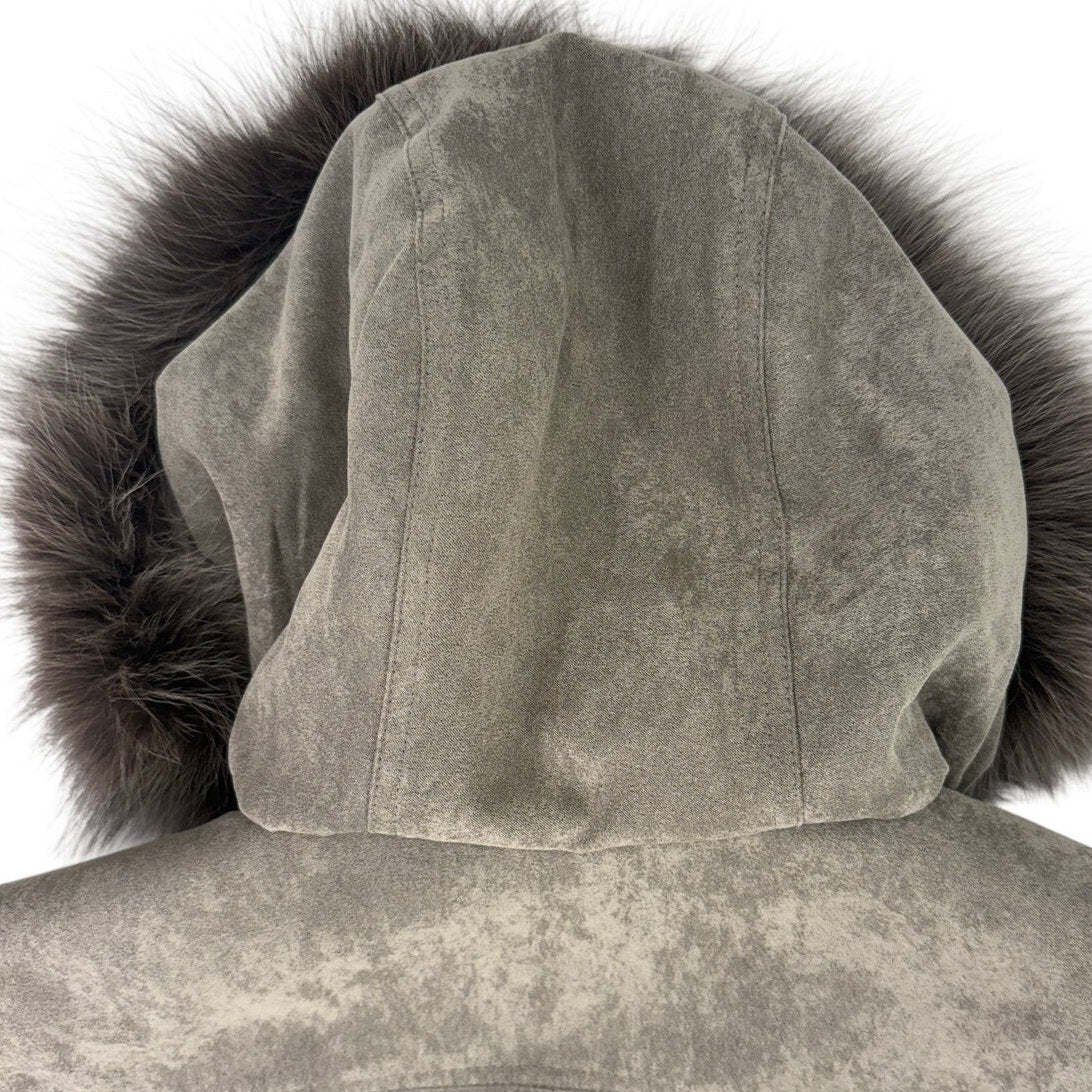 St John's Bay Faux Suede Hooded Jacket Fur Trim Women's Small Taupe Brown