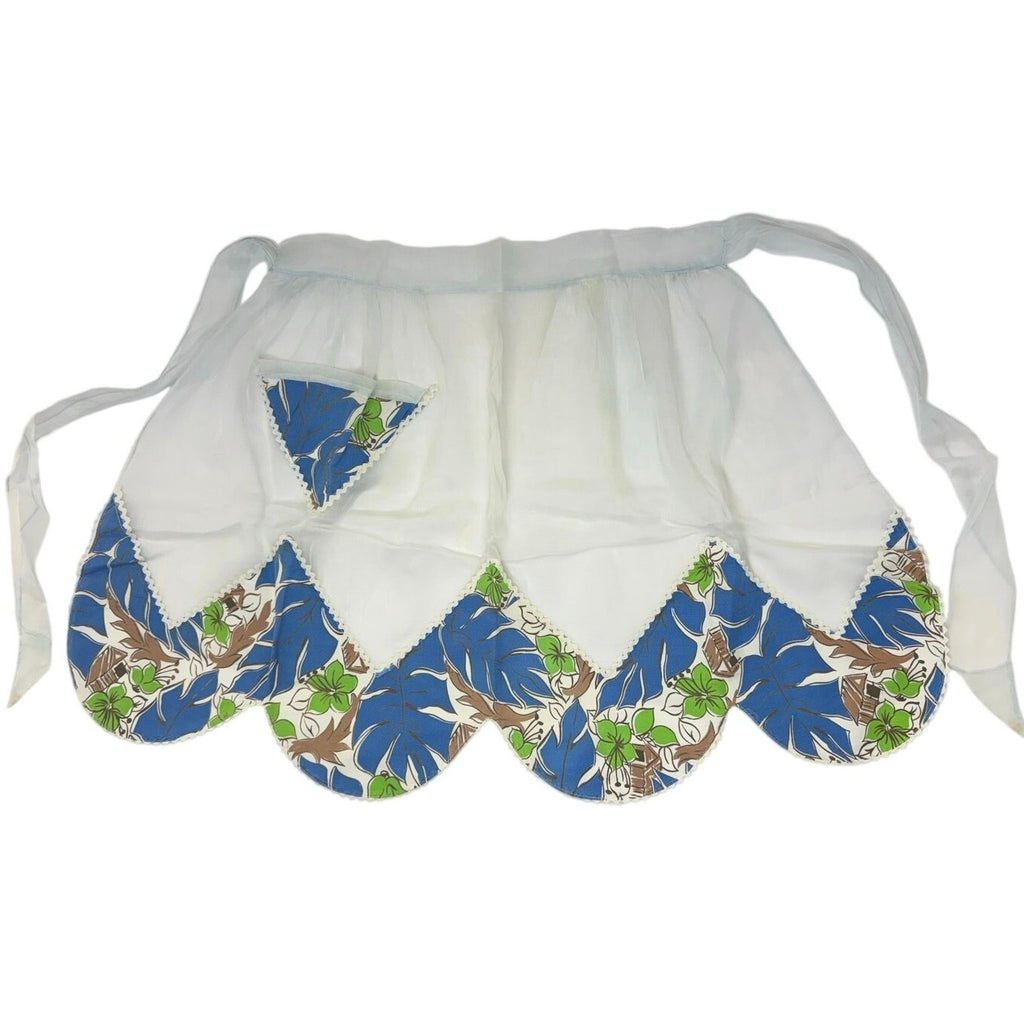 Vintage 60s Sheer Blue Floral Waist Apron Cabin Print Home Sewn