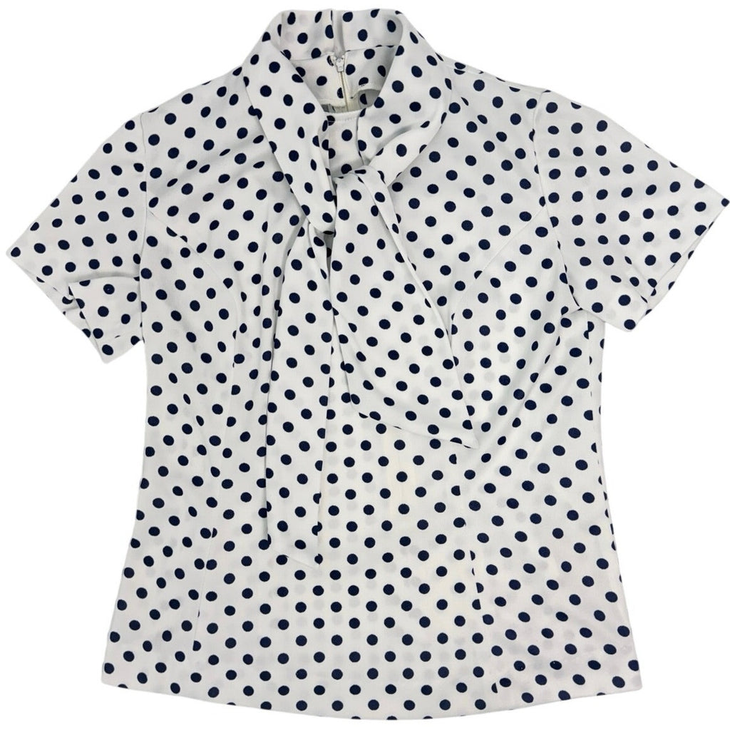 Vintage 70s White Black Polka Dot Tie Neck Blouse Top Women's 34 Bust