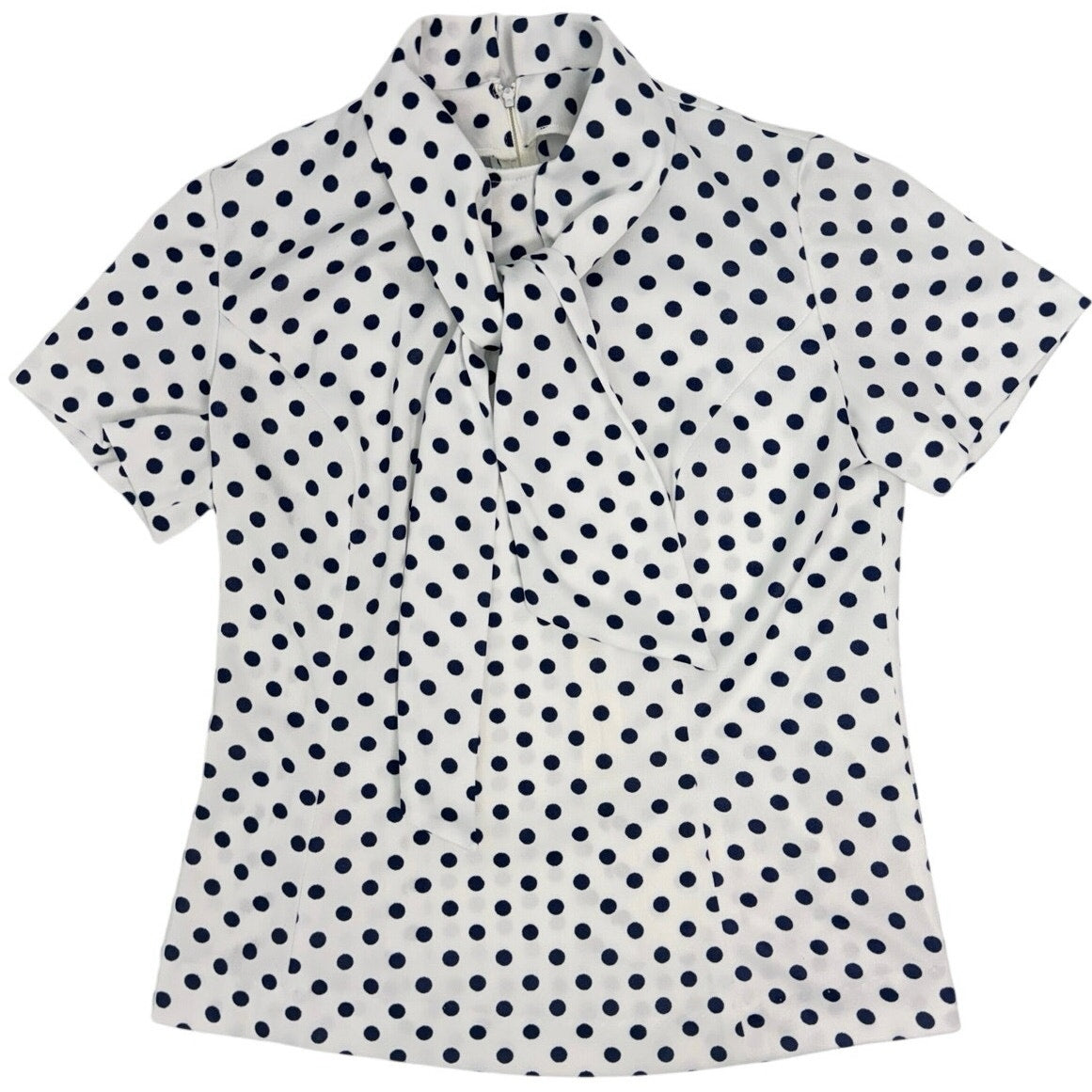 Vintage 70s White Black Polka Dot Tie Neck Blouse Top Women's 34 Bust