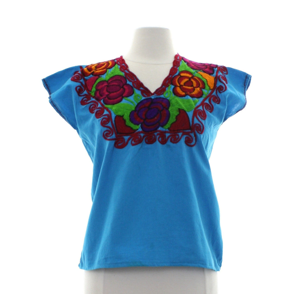 Vintage 70s Huipil Embroidered Turquoise Blouse Women's Medium Floral Folk Top