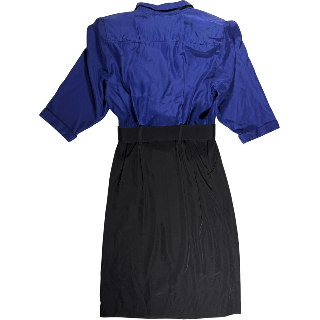 Vintage 80s Women's 8P Belted Dress Blue Black Office Chic USA Made