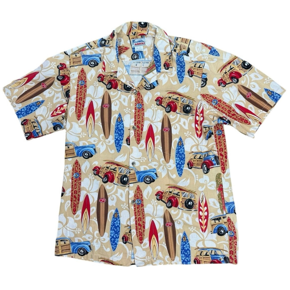 Vintage 90s Hawaii Surfboard Woodie Wagon Hawaiian Cotton Camp Shirt Large