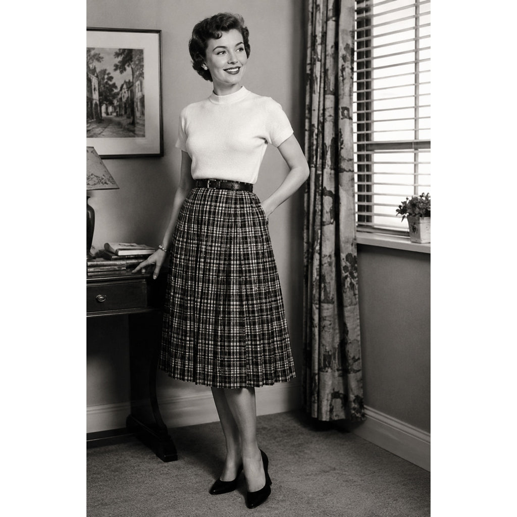 Vintage 1950s Black Gray Plaid Pleated Wool Blend Women's Skirt 24 Waist