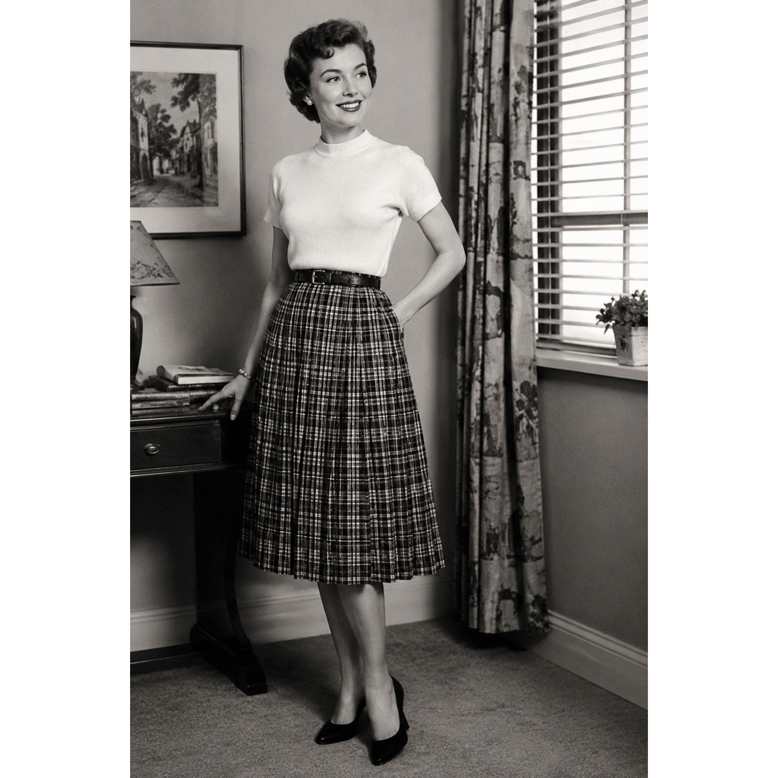 Vintage 1950s Black Gray Plaid Pleated Wool Blend Women's Skirt 24 Waist