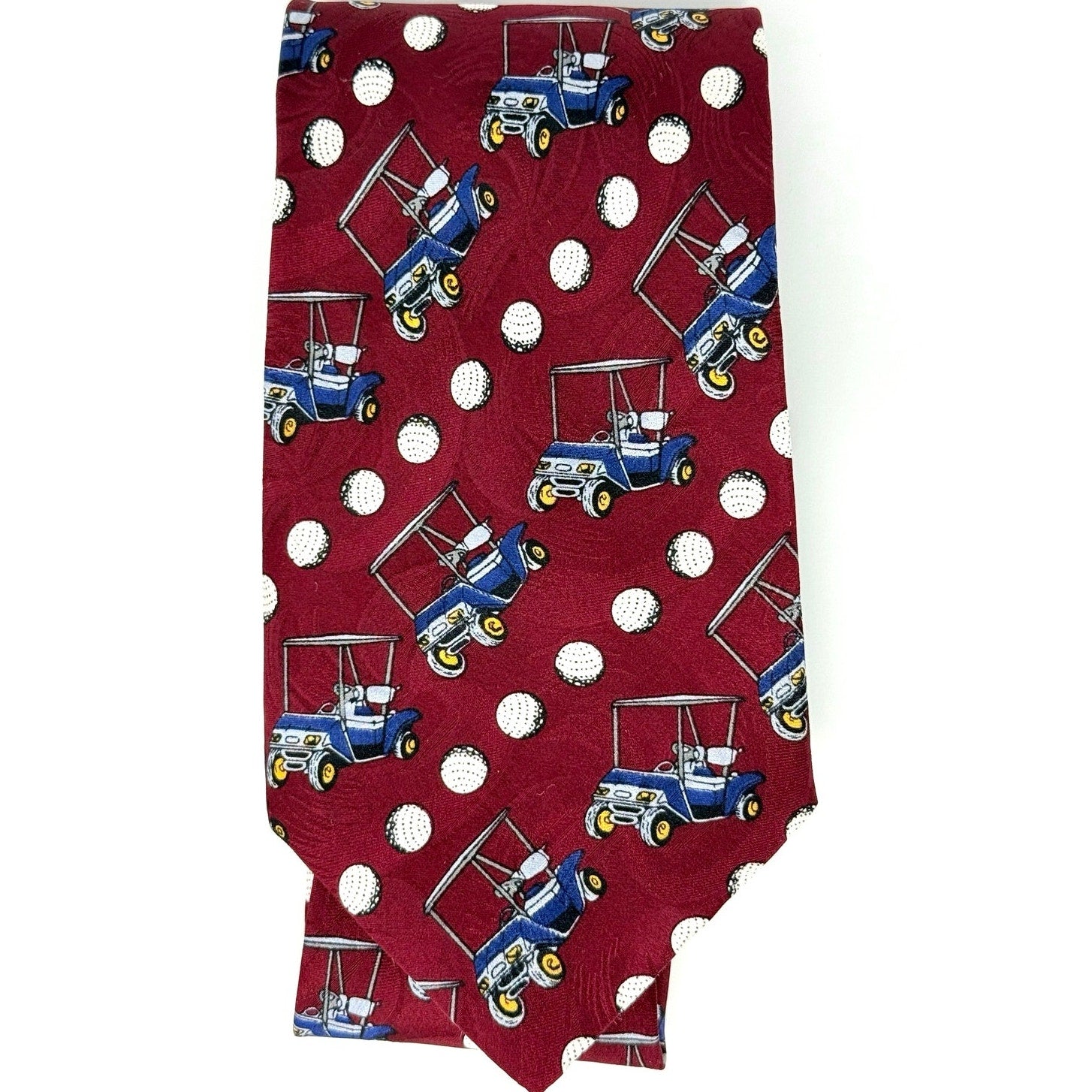 Vintage 90s Golf Red Tie Silk Golf Cart Golf Ball Print Made in USA Barry Wells