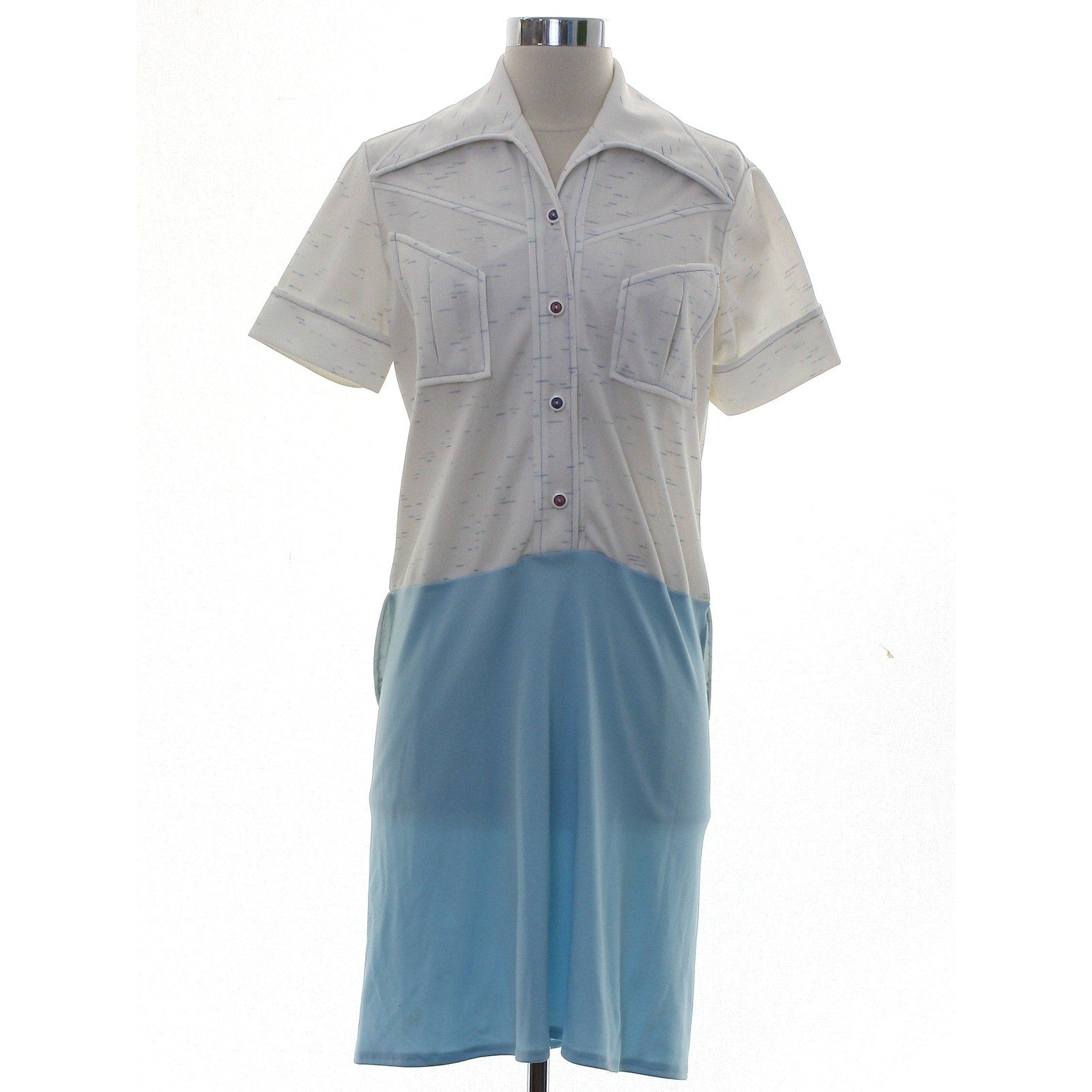 Vintage 70s Mod Colorblock Mini Dress White Blue Polyester Knit Women's Small