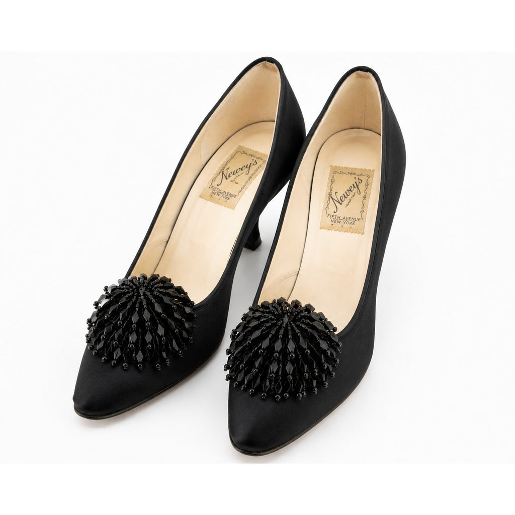 Vintage 1950s Black Beaded Fringe Shoe Clips Pair Retro Dress Accessories