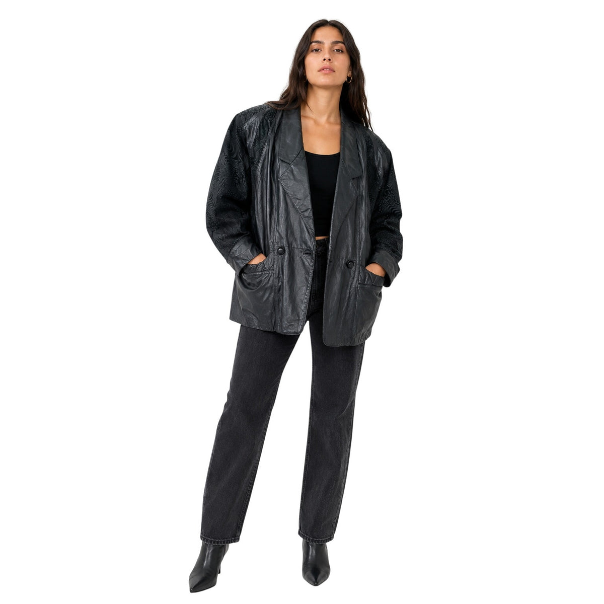 Vintage 90s Women's Large Oversized Black Leather Jacket Fashion Attitude