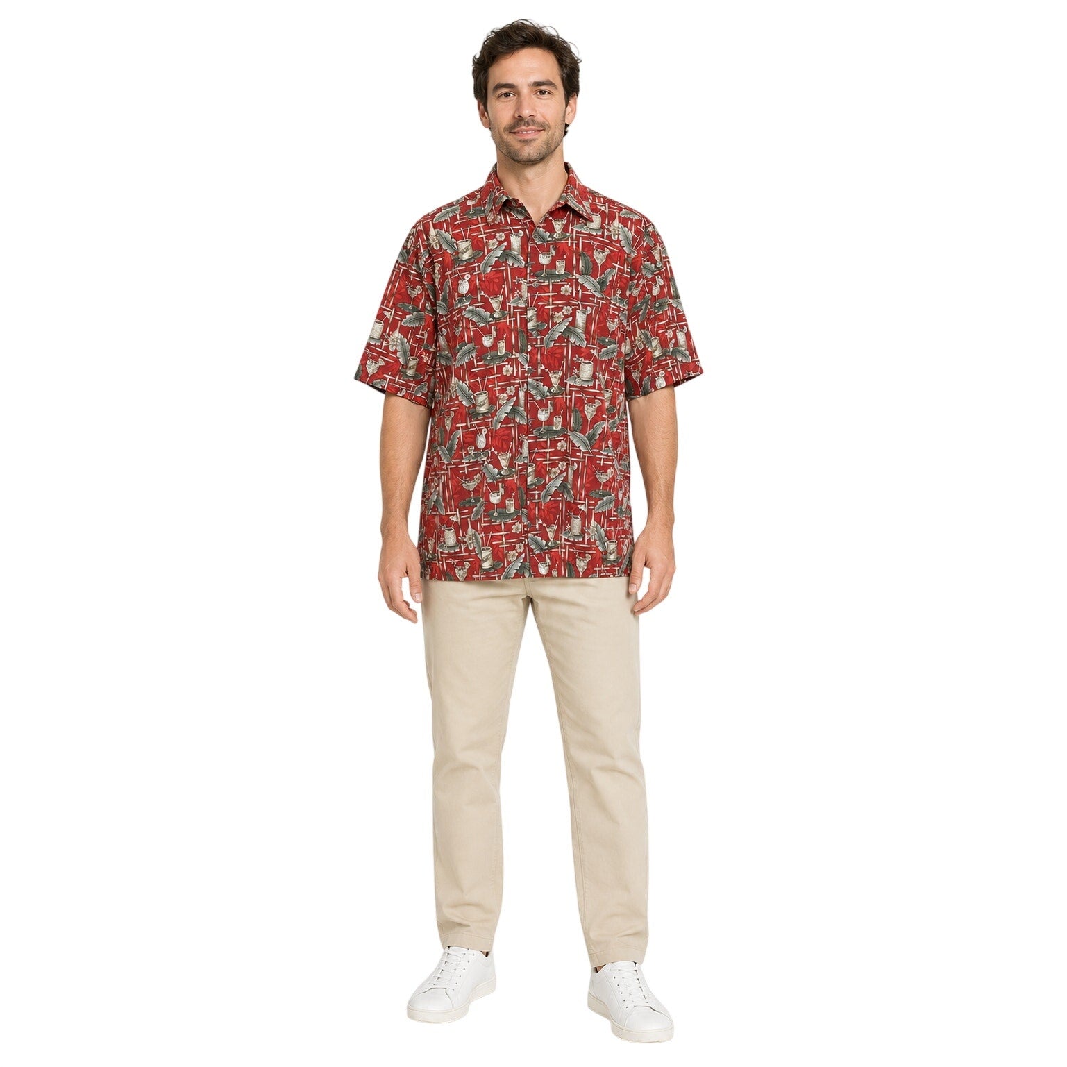 Vintage 90s Campia Men's Large Red Cocktail Print Hawaiian Aloha Shirt Cotton