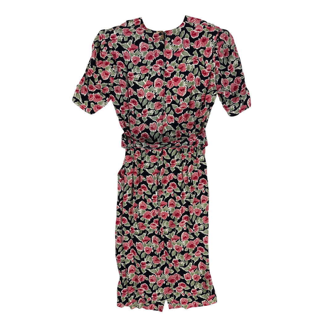 Vintage 80s Karin Stevens Pink Floral Rayon Belted Midi Sheath Dress Medium