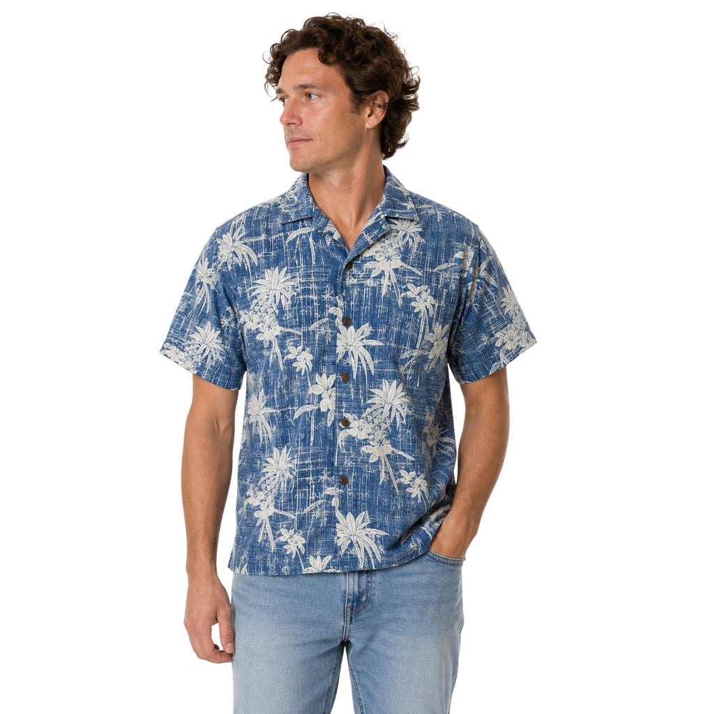 Vintage 90s Palmwave Hawaiian Shirt Blue Floral Cotton Camp Shirt Men's Large