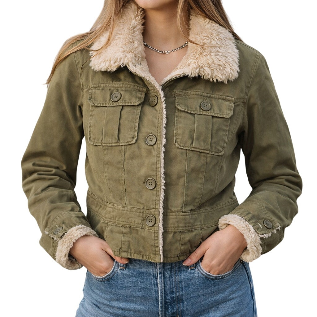 Vintages 2000s Women's Medium Abercrombie & Fitch Green Sherpa Lined Jacket