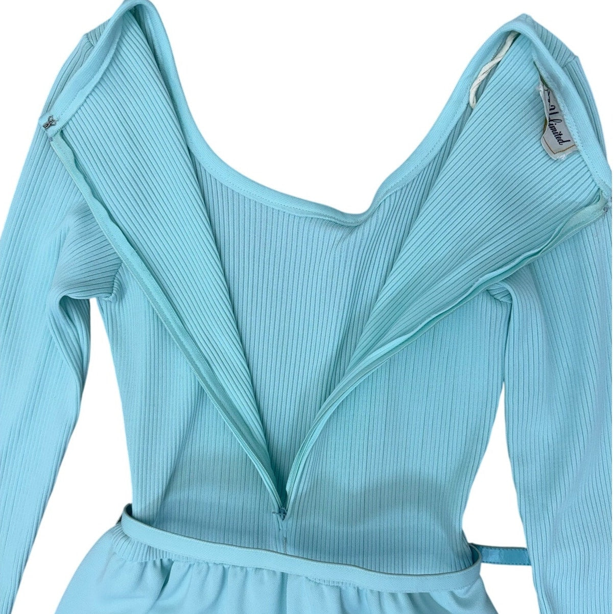 Vintage 70s Ayres Unlimited Aqua Maxi Dress Belted Ribbed Knit Long Sleeve