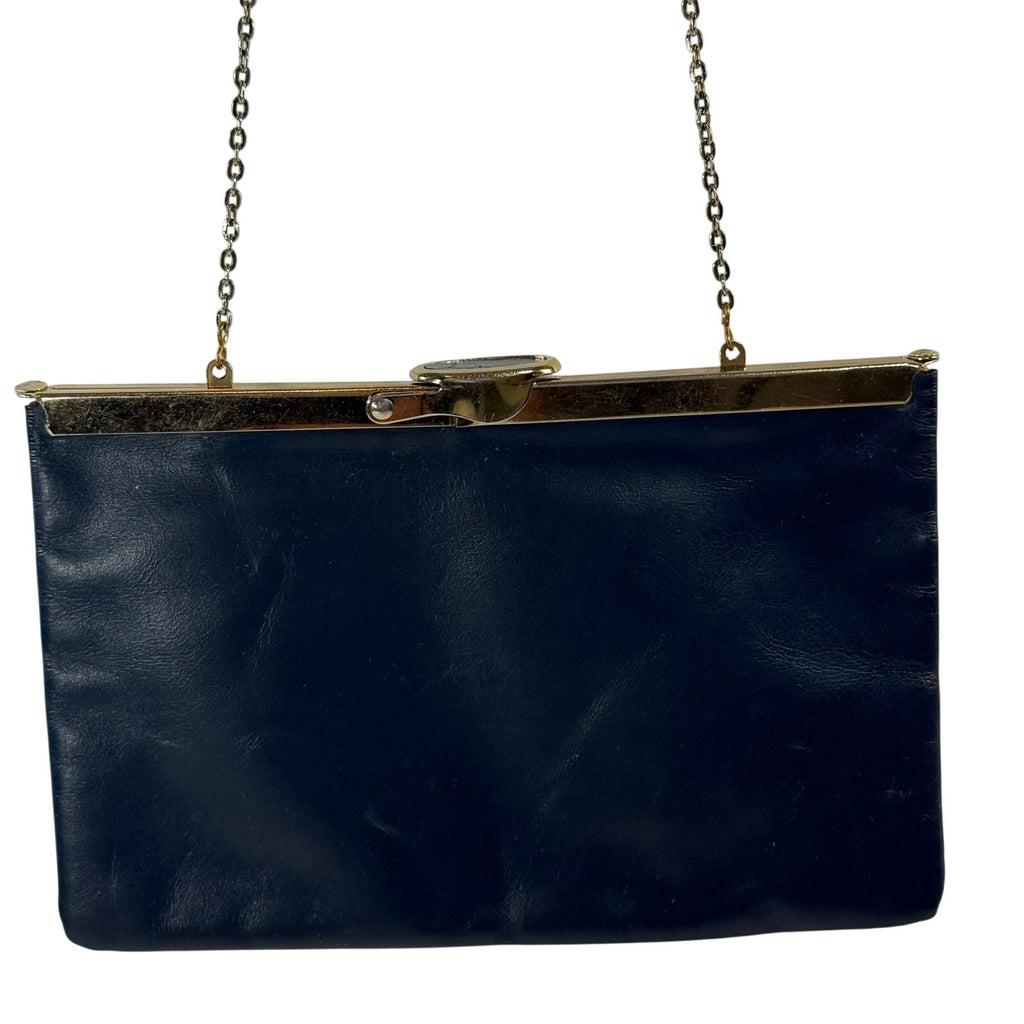 Vintage 60s Etra Navy Leather Clutch Purse w/ Gold Chain Strap