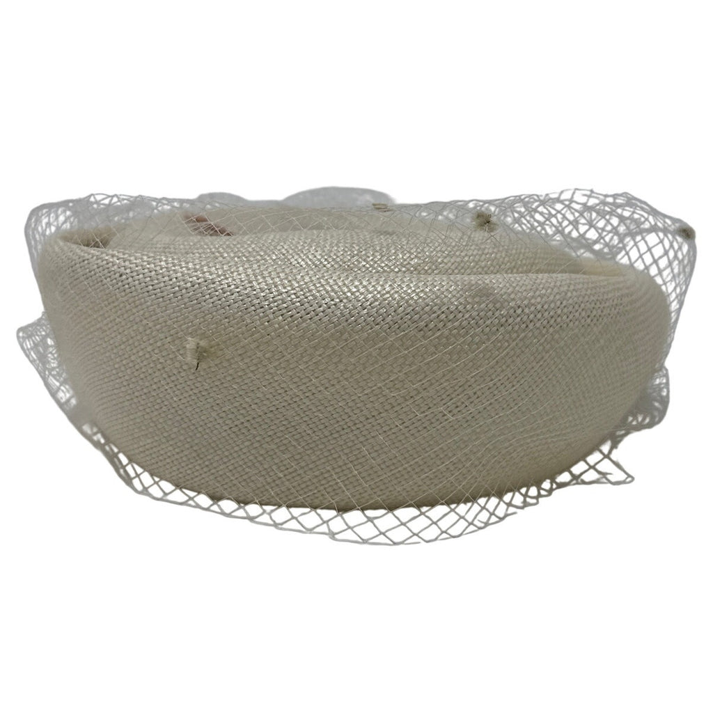 Vintage 1960s Clover Lane Ivory Pillbox Hat with Veil & Pink Bow