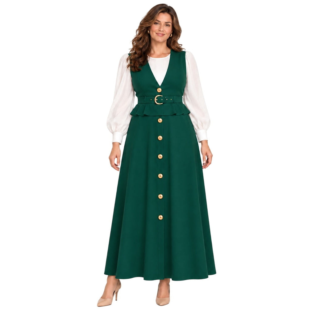 Vintage 80s R.J. Stevens Hunter Green Maxi Dress Size 16 Women's XL USA