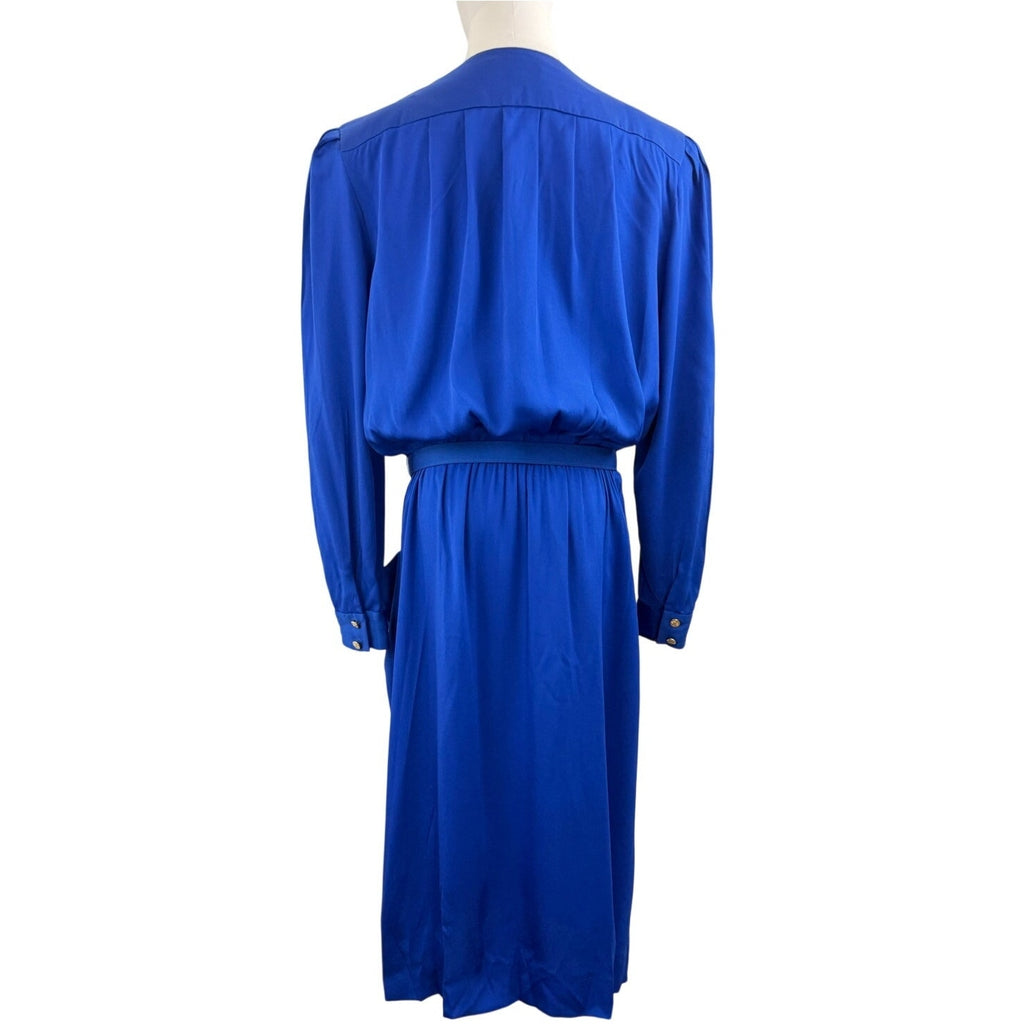Vintage 80s Albert Nipon Royal Blue Rayon Crepe Belted Midi Dress Women's 14