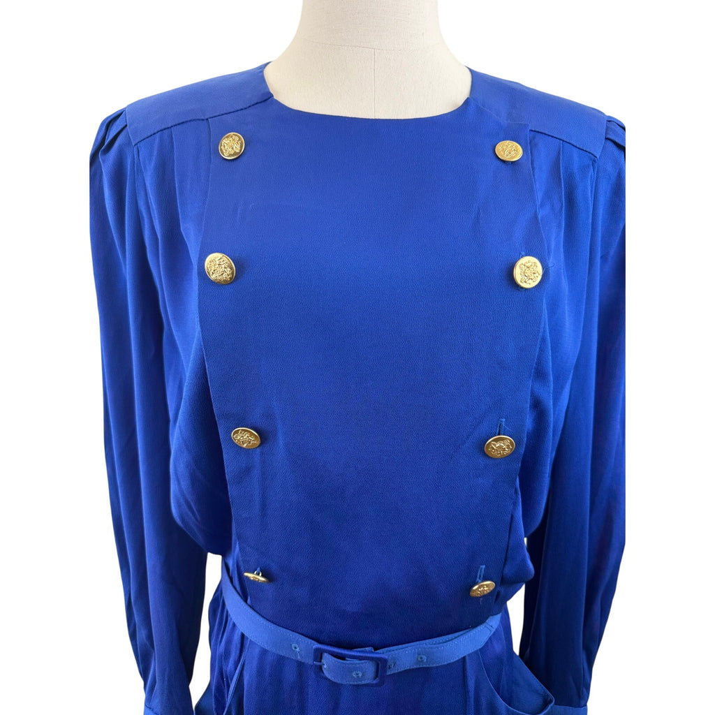 Vintage 80s Albert Nipon Royal Blue Rayon Crepe Belted Midi Dress Women's 14
