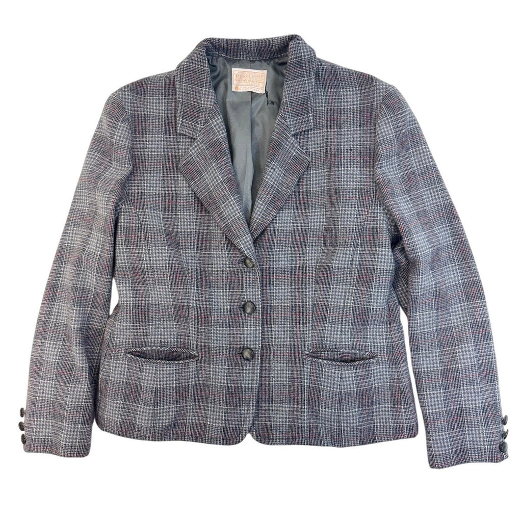 Vintage 80s Pendleton Wool Plaid Blazer Jacket Women's Small Gray Red USA