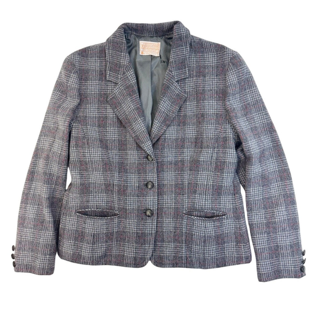Vintage 80s Pendleton Wool Plaid Blazer Jacket Women's Small Gray Red USA