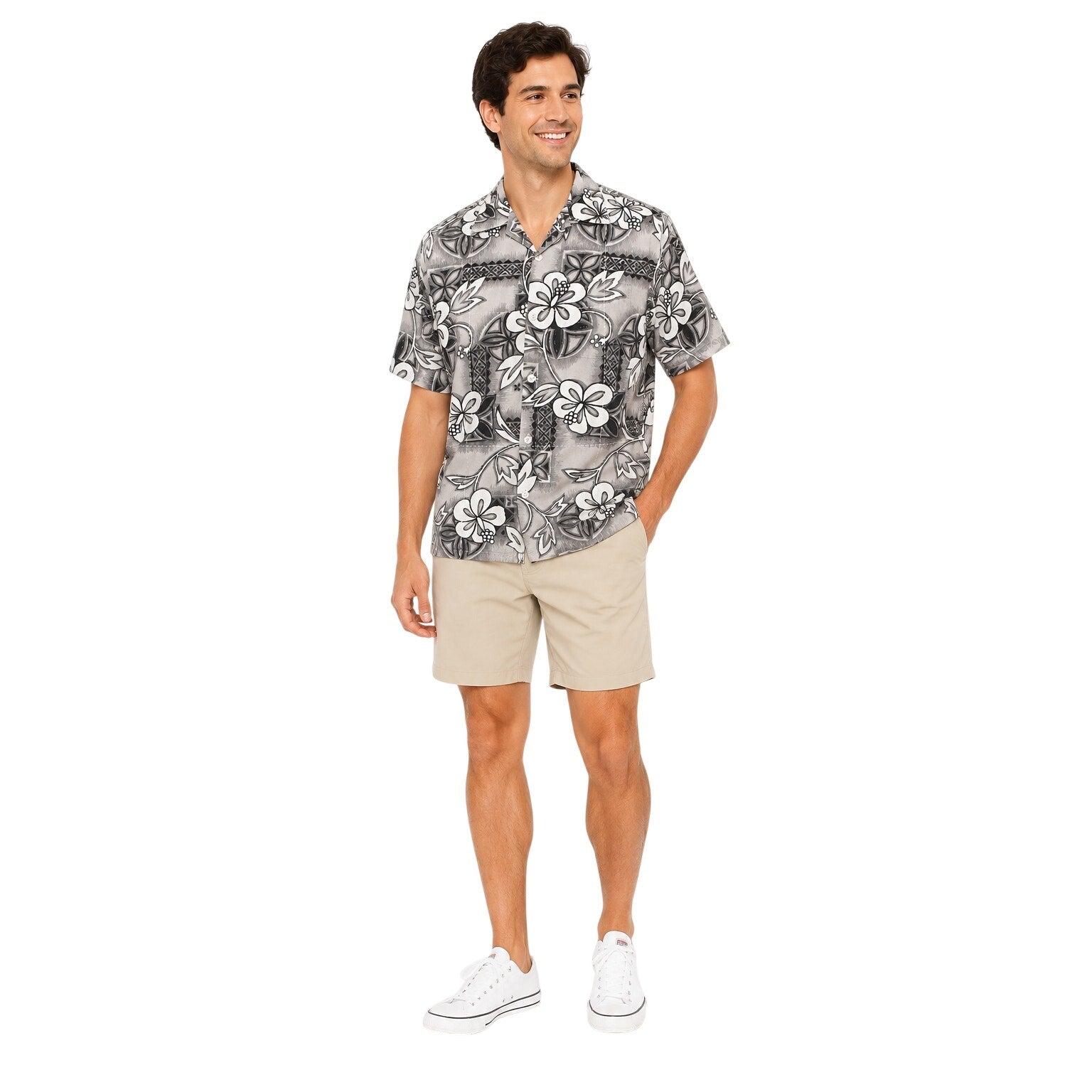 Vintage 90s Toes on the Nose Hawaiian Shirt Men's M Gray Floral Surf Camp Aloha