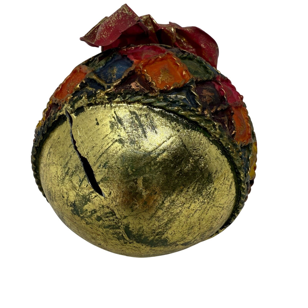 Vintage 90s Harlequin Paper Mache Christmas Ornament Ball with Red Bow